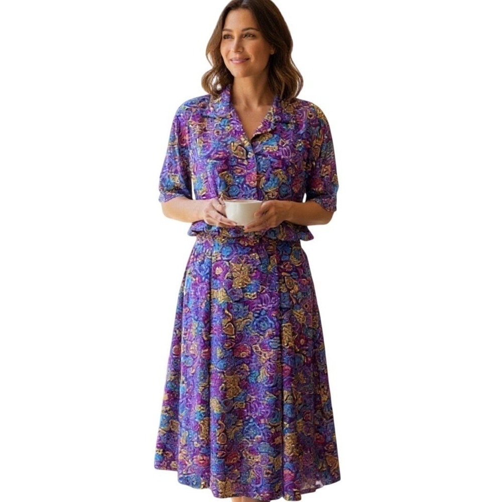 Jantzen Womens Skirt Set Vintage 80s Colorful Floral Midi Button Front Rayon Lg
